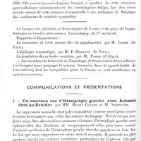 0182 - Page 170 - Société de neurologie de Paris. Séance du 3 février 1921. Réunions neurologiques / Communications et présentations. I. Un nouveau cas d'hémiplégie gauche avec aphasie chez un droitier, par MM. Henry Claude et H. Schaeffer