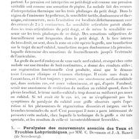 0212 - Page 200 - Société de neurologie de Paris. Séance du 3 février 1921. Communications et présentations. IX. Ablation d'une tumeur du nerf cubital à la région brachiale ; résection de 8 centimètres du nerf ; greffe d'un nerf d'embryon de veau ; restauration fonctionnelle, par MM. Pierre Duval et Georges Guillain / X. Paralysies des mouvements associés des yeux et troubles labyrinthiques, par MM. C. Duverger et J.-A. Barré... / XI. Atrophie spinale croisée avec contractions fibrillaires marquées chez un enfant de 12 ans, par M. Jules Renault, Mme Athanassio-Bénisty et M. E. Libert