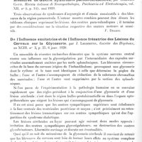 0230 - Page 218 - Analyses. Neurologie. Etude spéciales. Encéphale. Dégénération familiale de la Macula lutea, par Robert Blue, Journal of the American med. Association... / Les phénomènes d'asynergie et d'incoordination dans les lésions des voies motrices centrales. Les syndromes paracentraux par blessures de guerre. Syndromes pseudo-cérébelleux, par Lodovico Gatti, Rivista italiana di Neuropathologia, Psichiatria ed Elettroterapia... / De l'influence excitatrice et de l'influence frénatrice des lésions du cerveau sur la glycosurie, par J. Lhermitte, Gazette des hôpitaux... / Les syndromes hémiplégiques homolatéraux d'origine cérébrale, par Arturo Morselli, Quaderni di Psichiatria...