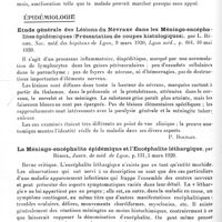 0344 - Page 330 - Analyses. Neurologie. Études spéciales. Moelle. Sclérose en plaques et novarsenothérapie, par M. Perrin, Soc. de méd. de Nancy..., Revue méd. de l'Est... / Épidémiologie. Etude générale des lésions du névraxe dans les méningo-encéphalites épidémiques (Présentation de coupes histologiques), par L. Bériel, Soc. méd. des hôpitaux de Lyon..., Lyon méd... / La méningo-encéphalite épidémique et l'encéphalite léthargique, par Bériel, Journ. de méd. de Lyon...