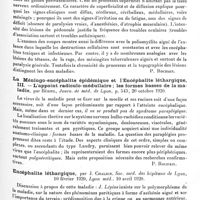 0345 - Page 331 - Analyses. Neurologie. Études spéciales. Épidémiologie. La méningo-encéphalite épidémique et l'encéphalite léthargique, II. La conception anatomo-clinique de la maladie, par Bériel, Journ. de méd. de Lyon... / La méningo-encéphalite épidémique et l'encéphalite léthargique, III. L'appoint radiculo-médulaire ; les formes basses de la maladie, par Bériel, Journ. de méd. de Lyon... / Encéphalite léthargique, par J. Chalier, Soc. méd. des hôpitaux de Lyon..., Lyon méd...