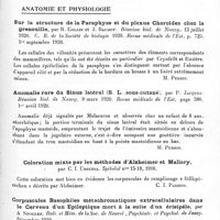 0401 - Page 383 - Analyses. Neurologie. Études générales. Bibliographie. La lecture sur les lèvres pour remédier aux surdités acquises, par Mlle Lucie Denniel, Thèse de Paris..., 1918 / Anatomie et physiologie. Sur la structure de la Paraphyse et du plexus choroïdes chez la grenouille, par R. Collin et J. Baudot. Réunion biol. de Nancy... C. R. de la Société de biologie 1920. Revue médicale de l'Est... / Anomalie rare du sinus latéral (S. L. sous-cutané), par P. Jacques. Réunion biol. de Nancy... Revue médicale de l'Est... / Coloration mixte par les méthodes d'Alzheimer et Mallory, par C. I. Urechia. Spitalul... / Corpuscules basophiles métachromatiques extracellulaires dans le cerveau d'un épileptique mort à la suite d'un érisipèle, par A. Stocker. Bull. et mém. de la Soc. de neurol., psychiatr. et psychol. de Jassy...