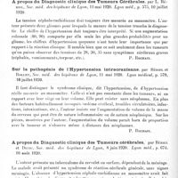 0410 - Page 392 - Analyses. Neurologie. Études spéciales. Cerveau. Sur le diagnostic clinique des tumeurs cérébrales (présentation de pièces), par Bériel et G. Rollet, Soc. des sciences méd. de Lyon..., Lyon méd... / A propos du diagnostic clinique des tumeurs cérébrales, par L. Bériel, Soc. méd. des hôpitaux de Lyon... Lyon méd... / Sur la pathogénie de l'hypertension intracrânienne, par Bériel et Rollet, Soc. méd. des hôpitaux de Lyon... Lyon médical... / A propos du diagnostic clinique des tumeurs cérébrales, par Bériel et Devic, Soc. méd. des hôpitaux de Lyon... Lyon méd...