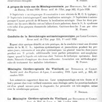 0414 - Page 396 - Analyses. Neurologie. Études spéciales. Méninges. Quelques considérations sur la méningite cérébro-spinale chez des soldats, par C. L Bastien, Thèse de Nancy, 1920 / A propos de trois cas de méningococcémie, par Hirtzmann, Soc. de méd. de Nancy... Revue méd. de l'Est... / Conduite de la sérothérapie antiméningococcique, par Louis Caussade, Revue méd. de l'Est... / Méningite cérébro-spinale du vieillard, par Bonnamour et Colrat. Société méd. des hôpitaux de Lyon... Lyon méd... / La méningite cérébro-spinale du vieillard, par Bonnamour et Colrat. Jour. de méd. de Lyon...