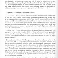 0422 - Page 404 - Analyses. Neurologie. Études spéciales. Tétanos. Prophylaxie et traitement du tétanos, par S. L. Cummins... Ve Congrès international de chirurgie... / Tétanos. - Bibliographie analytique