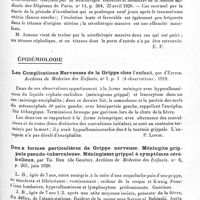 0423 - Page 405 - Analyses. Neurologie. Études spéciales. Tétanos. Tétanos. - Bibliographie analytique / Épidémiologie. Les complications nerveuses de la grippe chez l'enfant, par d'Ezpine. Archives de médecine des enfants... / Deux formes particulières de grippe nerveuse. Méningite grippale pseudo-tuberculeuse. Méningisme grippal à symptômes cérébelleux, par Th. Reh... Archives de médecine des enfants... / Un cas d'ictère hémolytique d'origine paludéenne, par C. I. Uréchia et A. Popéa. Spitalul...