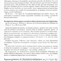 0426 - Page 408 - Analyses. Neurologie. Études spéciales. Encéphalite épidémique. Forme myotonique de l'encéphalite épidémique, par Henri Claude, Bulletins et mémoires de la Société médicale des hôpitaux de Paris... / Algies cervico-brachiales monosymptomatiques d'encéphalique épidémique, par J.-A. Sicard, Bulletins et mémoires de la Société médicale des hôpitaux de Paris... / Encéphalite léthargique mortelle à début douloureux névralgiforme, par André Salmont, Bulletins et mémoires de la Société médicale des hôpitaux de Paris... / Type paraplégique de l'encéphalite épidémique, par J.-A. Sicard. Bulletins et mémoires de la Société médicale des hôpitaux de Paris...