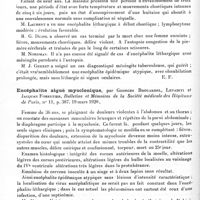 0428 - Page 410 - Analyses. Neurologie. Études spéciales. Encéphalite épidémique. Considérations sur quelques cas d'encéphalite aiguë avec prédominance de manifestations convulsives observés à Alger. Augmentation du taux de sucre dans le liquide céphalo-rachidien. Rapports avec l'encéphalite léthargique, par Dumolard et Aubry..., Bulletins et mémoires de la Société médicale des hôpitaux de Paris... / Encéphalite léthargique avec mouvements choréiformes, par A. Chavanis. Société des sciences médicales de Saint-Etienne... Loire méd... / Encéphalite aiguë myoclonique, par Georges Brouardel, Levaditi et Jacques Forestier, Bulletins et mémoires de la Société médicale des hôpitaux de Paris... / Encéphalite myoclonique du type alterne, par J. A. Sicard et Kudelski. Bulletins et mémoires de la Société médicale des hôpitaux de Paris...