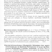0430 - Page 412 - Analyses. Neurologie. Études spéciales. Encéphalite épidémique. Encéphalite myoclonique et chorée électrique de Dubini, par J. A. Sicard et Litvak. Bulletins et mémoires de la Société médicale des hôpitaux de Paris... / Myoclonie oculaire encéphalitique, par J. A Sicard et Kudelski, Bulletins et mémoires de la Société médicale des hôpitaux de Paris... / Cinq cas de formes frustes d'encéphalite léthargique, dont quatre caractérisées par un syndrome parkinsonien et un par des mouvements rythmiques à grandes oscillations, par Pierre Marie et Mlle G. Lévy, Bulletins et mémoires de la Société médicale des hôpitaux de Paris...
