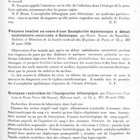 0431 - Page 413 - Analyses. Neurologie. Études spéciales. Encéphalite épidémique. Cinq cas de formes frustes d'encéphalite léthargique, dont quatre caractérisées par un syndrome parkinsonien et un par des mouvements rythmiques à grandes oscillations, par Pierre Marie et Mlle G. Lévy, Bulletins et mémoires de la Société médicale des hôpitaux de Paris... / Purpura localisé au cours d'une encéphalite myoclonique à début ambulatoire contractée à Salonique, par Henry Roger... Bulletin et mémoires de la Société médicale des hôpitaux de Paris... / Quelques recherches de l'encéphalite léthargique, par Collatino Cantieri et Remo Vegni..., Riforma med... / A propos de quelques cas atypiques d'encéphalite léthargique, par E. Medea, Societa lombarda di Sc. med. e biol. in Milano...