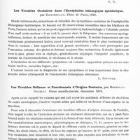 0499 - Page 481 - Analyses. Neurologie. Études spéciales. Organes des sens. Les troubles visuels de l'encéphalite léthargique, par V. Morax et J. Bollack. Bulletin et mémoires de la Société médicale des hôpitaux... / Les troubles oculaires dans l'encéphalite léthargique épidémique, par Dantrevaux. Thèse de Paris, 1920 / Les troubles réflexes et fonctionnels d'origine dentaire, par Rousseau-Decelle. Revue maxillo-faciale...