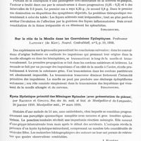 0503 - Page 485 - Analyses. Neurologie. Études spéciales. Moelle. Recherches expérimentales récentes sur l'étiologie de la sclérose en plaques, par C. Da Fano, Journ. of Nervous and Mental Disease... / Traitement de la sclérose en plaques par la salvarsan, par Vichura. Neurolog. Centralblatt... / Sur le rôle de la moelle dans les convulsions épileptiques. Professeur Lapinsky... Neurol. Centralblatt... / Kyste hydatique primitif des méninges spinales (avec présentation de pièces), par Rauzier et Giraud. Soc. des sc. méd. et biol. de Montpellier et du Languedoc... Montpellier méd... / Atrophie musculaire globale du membre supérieur gauche d'origine myélopathique, par Rimbaud et Puech. Soc. des sc. méd. et biol. de Montpellier et du Languedoc... Montpellier méd...