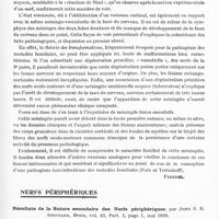 0507 - Page 489 - Analyses. Neurologie. Études spéciales. Nerfs crâniens. Etude anatomo-pathologique des centres nerveux dans un cas d'ophtalmoplégie externe familiale, par Crouzon, Trétiakoff et Béhague, Bull. et mém. de la Soc. méd. des hôpitaux de Paris... / Nerfs périphériques. Résultats de la suture secondaire des nerfs périphériques, par John S. B. Stopfard, Brain...