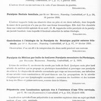 0508 - Page 490 - Analyses. Neurologie. Études spéciales. Nerfs périphériques. Résultats de la suture secondaire des nerfs périphériques, par John S. B. Stopfard, Brain... / Paralysie traumatique du onzième nerf intercostal, par Richard Grutzner. Neurolog. Centralblatt... / Paralysie radiale familiale, par Kurt Mendel. Neurolog. Centralblatt... / Contribution à l'étiologie de la paralysie du sciatique poplité externe bilatérale, par Dr S. Slausky. Neurolog. Centralblatt... / Paralysie du médian par balle de fusil avec paralysie secondaire du phrénique, par Richard Meissner. Neurolog. Centralblatt... / Polynévrite avec localisation spéciale due à l'existence d'une côte cervicale, par E. Meyer... Centralblatt... / Les points d'excitation électrique de la musculature de la plante du pied, par Dr Oscar Eizeumann. Neurol. Centralblatt...