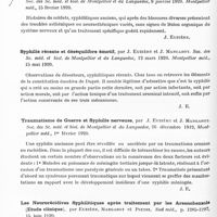 0510 - Page 492 - Analyses. Neurologie. Études spéciales. Nerfs périphériques. Un cas de paralysie ichémique de Volkmann, par Reinbold, Revue suisse de médecine... / Infections et intoxications. Asthénie postcommotionnelle chez des syphilitiques anciens, par G. Boudet. Soc. des sc. méd. et biol. de Montpellier et du Languedoc... Montpellier méd... / Syphilis récente et déséquilibre émotif, par J. Euzière et J. Margarot. Soc. des sc. méd. et biol. de Montpellier et du Languedoc... Montpellier méd... / Traumatisme de guerre et syphilis nerveuse, par J. Euzière et J. Margarot. Soc. des sc. méd. et biol. de Montpellier et du Languedoc... Montpellier méd... / Les neurorécidives syphilitiques après traitement par les arsenobenzols (Etude clinique), par Euzière, Margarot et Pietri, Sud méd...