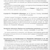 0512 - Page 494 - Analyses. Neurologie. Études spéciales. Encéphalite épidémique. Encéphalite sans léthargie pendant l'épidémie de grippe, par Toby Cohn... Neurolog. Centralblatt... / A propos de l'encéphalite léthargique, par Dr Economo. Neurolog. Centralblatt... / Encéphalite léthargique. Réplique aux considérations précédentes, par Georges Bernhard et Arthur Simon. Neurolog. Centralblatt... / Considérations sur l'épidémiologie de l'encéphalite léthargique et sur ses différentes formes, par C. v. Economo... Archives suisses de neurologie et de psychiatrie...