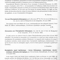 0514 - Page 496 - Analyses. Neurologie. Études spéciales. Encéphalite épidémique. Considérations sur l'épidémiologie de l'encéphalite léthargique et sur ses différentes formes, par C. v. Economo... Archives suisses de neurologie et de psychiatrie... / Un cas d'encéphalite léthargique, par L. Baumel, Mlle M.-Th. Sentis et M. Milhaud, Soc. des sc. méd. de Montpellier et du Languedoc... / Discussion sur l'encéphalite léthargique. Soc. des sc. méd. et biol. de Montpellier et du Languedoc... / Encéphalite aiguë épidémique : forme léthargique, myoclonique, choréoataxique, délirante, névralgique, par Henri Roger. Marseille méd...