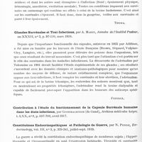 0518 - Page 500 - Analyses. Neurologie. Études spéciales. Glandes à sécrétion interne et syndromes glandulaires. Sur le mécanisme des infections bactériennes et en particulier de la gangrène gazeuse. Le rôle défensif des surrénales, par W. E. Bullock et W. Cramer, Sixth Scientific Report on the Investigations of the Imperial Cancer Research Fund... / Glandes surrénales et toxi-infections, par A. Marie, Annales de l'Institut Pasteur... / Constitutions endocrinopathiques et pathologie de guerre, par N. Pende, endocrinology... / A propos d'un cas de déséquilibre endocrinien pluriglandulaire avec prédominance de l'insuffisance surrénale, par C. B. Farmachidis, Riforma medica...
