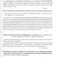 0521 - Page 503 - Analyses. Neurologie. Études spéciales. Glandes à sécrétion interne et syndromes glandulaires. Grippe, insuffisance surrénale et psychose maniaque-dépressive, par Santin C. Rossi, Anales de la Facultad de Med. de Montevideo... / Emploi des produits surrénaux dans la maladie d'Addison, par Judson Daland, Endocrinology... / Sur les altérations des capsules surrénales chez les aliénés pellagreux, par C. I. Parhon et Em. Savini. Soc. de neur., psychiatr. et psychol. de Jassy... Bulletin n° 2... / L'influence de l'inanition sur le métabolisme du tétard, par I. A. Scriban. Soc. de neur., psychiatr. et psychol. de Jassy... / Contribution à l'étude de l'épreuve de l'adrénaline et de l'hypophyse dans les syndromes endocriniens et en particulier dans les syndromes basedowiens. par P.-H.-L. Drouet. Thèse de Nancy, 1920