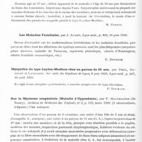 0524 - Page 506 - Analyses. Neurologie. Études spéciales. Dystrophies. Sclérodermie en plaques, du type morphée, par L. Spillmann et Huffschmitt. Soc. de méd. de Nancy... Revue méd. de l'Est... / Un cas atypique de myopathie primitive, par P. Simon et L. Caussade. Revue méd. de l'Est... / Les maladies familiales, par J. Audry, Lyon méd... / Myopathie du type leyden-moebius chez un garçon de 10 ans, par Phéu, Dufourt et Langeron, Soc. méd. des hôpitaux de Lyon..., Lyon méd... / Sur la myatonie congénitale (Maladie d'Oppenheim), par P. Haushalter..., Archives de médecine des enfants... / La tache bleue mongolique chez les enfants européens, par J. Comby, Archives de médecine des enfants...