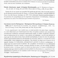 0533 - Page 515 - Analyses. Neurologie. Études spéciales. Névroses. Phénomènes nerveux à prédominance sympathique consécutifs aux descentes en parachute. Recrutement et surveillance des observateurs en ballon, par G. Ferry, revue méd. de méd. de l'Est... / L'aviateur et le médecin, par G. Ferry. Revue méd. de l'Est... / Pelade décalvante aiguë d'origine émotionnelle, par G. Etienne et Drouet. Soc de méd. de Nancy..., Revue méd. de l'Est... / Une forme rare de nystagmus : nystagmus névropathique d'origine émotionnelle, par P. Jeandelize et Lagarde. Soc. française d'ophtalmologie... Soc. méd. de Nancy..., Revue méd. de l'Est... / Surélévation congénitale et surélévation hystérique de l'omoplate, par André Trèves, Archives de médecine des enfants...