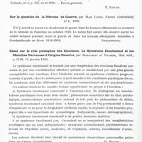 0534 - Page 516 - Analyses. Neurologie. Études spéciales. Névroses. Surélévation congénitale et surélévation hystérique de l'omoplate, par André Trèves, Archives de médecine des enfants... / Sur la question de la névrose de guerre, par Max Leige. Neurol. Centralblatt... / Essai sur le rôle pathogène des émotions. Le syndrome émotionnel et les maladies nerveuses d'origine émotive, par Margarot et Fraisse, Sud méd... / Les troubles psychiques dans les psychonévroses. Leur physionomie clinique, par Blanchard, Sud méd...