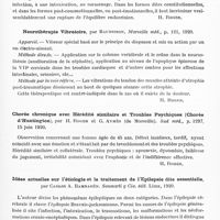 0535 - Page 517 - Analyses. Neurologie. Études spéciales. Névroses. Les troubles psychiques dans les psychonévroses. Leur physionomie clinique, par Blanchard, Sud méd... / Neurothérapie vibratoire, par Baudisson, Marseille méd... / Chorée chronique avec hérédité similaire et troubles psychiques (Chorée d'Huntington), par H. Roger et G. Aymès... Sud méd... / Idées actuelles sur l'étiologie et le traitement de l'épilepsie dite essentielle, par Carlos A. Bambarén. Sanmarti y Cia. édit. Lima, 1920 / L'épilepsie et l'anosmie héréditaire, par Alikhan..., Correspondenz-Blatt f. Schweize Arzte...