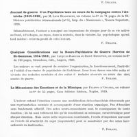 0538 - Page 520 - Analyses. Psychiatrie. Études générales. Bibliographie. Etude anthropologique du criminel et de l'aliéné, par Giuseppe Vidoni..., Wassermann, édit., Milan, 1919 / Journal de guerre d'un psychiatre tenu au cours de la campagne contre l'Autriche (1915-1918), par M. Levi Bianchini, un volume in-8° de 71 pages de la Biblioteca psichiatrica internazionale (n° 5), Imp. du « Manicomio », Nocera Superiore, 1920 / Quelques considérations sur la neuro-psychiatrie de guerre (Service de St-Gemmes, 1914-1919), par Jacques Baruck et René Bessière..., Siraudeau, édit., Angers, 1920 / Le mécanisme des émotions et de la mimique, par Filippo d'Onghia..., Casa éditrice Idelson, Naples, 1919 / Psychologie. Caractère individuel d'aliénation mentale. Observations sur les rapports du caractère individuel de l'enfant avec le genre et la variété de la psychose ultérieure, chez divers aliénés, par William Boven. Archives suisses de neurologie et de psychiatrie...