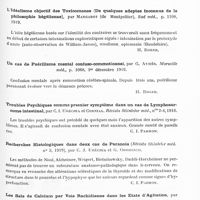 0541 - Page 523 - Analyses. Psychiatrie. Études générales. Sémiologie. Mythomanie et port illégal d'insignes, par Euzière et J. Margarot. Soc. des sc. méd. de Montpellier et Languedoc... Montpellier méd... / L'idéalisme objectif des toxicomanes (de quelques adeptes inconnus de la philosophie hégélienne), par Margarot..., Sud méd... / Un cas de puérilisme mental confuso-commotionnel, par G. Aymès. Marseille méd... / Troubles psychiques comme premier symptôme dans un cas de lymphosarcome intestinal, par C. I. Uréchia et Cornial. Révista Stiintelor méd... / Recherches histologiques dans deux cas de paranoia (Révista Stiintelor méd...), par C. J. Uréchia et G. Odobesco / Les sels de calcium par voie rachidienne dans les états d'agitation, par C. J. Urechia. Spitalul...