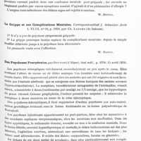 0543 - Page 525 - Analyses. Psychiatrie. Études générales. Psychoses toxi-infectieuses. De la symptomatologie des psychoses postgrippales, par V. Demole..., Corr. Bl. f. Schweizer Arzte... / La grippe et ses complications mentales, Correspondenzblatt f. Schweizer Arzte..., par Ch. Ladame... / Des psychoses puerpérales, par Rouvier..., Sud méd...