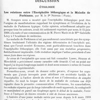 0591 - Page 573 - Réunion neurologique annuelle (3-4 juin 1921). Rapport sur les syndromes parkinsoniens, par M. A. Souques / Discussion. Étiologie. Les relations entre l'encéphalite léthargique et la maladie de Parkinson, par M. le Pr Netter...