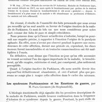 0599 - Page 581 - Réunion neurologique annuelle (3-4 juin 1921). Discussion. Étiologie. Maladie de Parkinson et émotion, par MM. G. Roussy et L. Cornil / Les syndromes parkinsoniens et les émotions de guerre, par M. Paul Courbon...