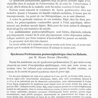 0695 - Page 677 - Réunion neurologique annuelle (3-4 juin 1921). Discussion. Formes cliniques. Cinq cas de syndrome parkinsonien postencéphalitique, par MM. Raviart, P. Combemale, Vullien et Assoignion... / Syndrome parkinsonien postencéphalitique chez les enfants, par M. Henri Roger...