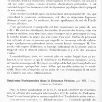 0712 - Page 692 - Réunion neurologique annuelle (3-4 juin 1921). Discussion. Diagnostic. Sur le diagnostic différentiel entre la maladie de Parkinson classique et le syndrome parkinsonien des encéphalitiques, par M. A. Mendicini... / Syndrome parkinsonien dans la démence précoce, par MM. Dide, Guiraud, Lafage