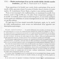 0790 - Page 768 - Société de neurologie de Paris. Séance du 2 juin 1921. Communications et présentations. XX. Note sur quelques symptômes vasculaires dimidiés dans certaines affections cérébrales et particulièrement dans les syndromes thalamiques, par MM. Henri Bouttier et René Mathieu. (Travail du service de M. le Professeur Pierre Marie) / XXI. Etude anatomique d'un cas de moelle bifide (double moelle lombaire), par MM. C. Trétiakoff et V. Ramos