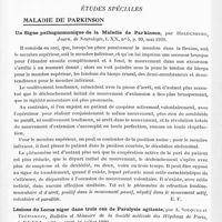 0795 - Page 773 - Analyses. Neurologie. Études spéciales. Maladie de Parkinson. Un signe pathognomonique de la maladie de Parkinson, par Heldenberg, Journ. de neurologie... / Lésions du locus niger dans trois cas de paralysie agitante, par A. Souques et Trétiakoff, Bulletin et mémoire de la Société médicale des hôpitaux de Paris...