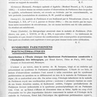 0796 - Page 774 - Analyses. Neurologie. Études spéciales. Maladie de Parkinson. Lésions du locus niger dans trois cas de paralysie agitante, par A. Souques et Trétiakoff, Bulletin et mémoire de la Société médicale des hôpitaux de Paris... / Syndromes parkinsoniens postencéphalitiques. Contribution à l'étude clinique des syndromes parkinsoniens consécutifs à l'encéphalite dite léthargique, par Henri Ernst, Thèse de Paris, 1921...