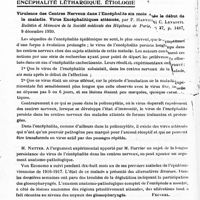 0798 - Page 776 - Analyses. Neurologie. Études spéciales. Syndromes parkinsoniens postencéphalitiques. Syndrome parkinsonien hypertonique et catatonique avec glycosurie consécutive à une encéphalite léthargique, par Georges Guillain et Ch. Gardin, Bulletin et mémoire de la Société médicale des hôpitaux de Paris... / Encéphalite léthargique. Étiologie. Virulence des centres nerveux dans l'encéphalite six mois après le début de la maladie. Virus encéphalitiques atténués, par P. Harvier et C. Levaditi. Bulletin et mémoire de la Société médicale des hôpitaux de Paris...