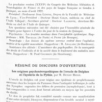 0887 - Page 859 - Congrès des aliénistes et neurologistes de France et des pays de langue française. XXVe session. - Luxembourg-Metz. - 1er-6 août 1921. Résumé du discours d'ouverture. Les origines psychonévropathiques de l'oracle de Delphes et l'hystérie de la pythie, par M. Henry Meige