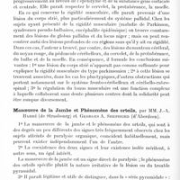 0910 - Page 882 - Congrès des aliénistes et neurologistes de France et des pays de langue française. XXVe session. - Luxembourg-Metz. - 1er-6 août 1921. Communications diverses. I. Neurologie. Agitation et rigidité musculaire : contribution anatomo-clinique, par M. Anglade... / Manoeuvre de la jambe et phénomène des orteils, par MM. J.-A. Barré... et Georges A. Shepherd...