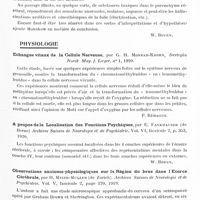 0925 - Page 899 - Analyses. Neurologie. Études générales. Anatomie. A propos de l'embryologie et de l'anatomie pathologique des plexus du IVe ventricule, par C. de Monakow... Archives suisses de neurologie et de psychiatrie... / Physiologie. Echanges vitaux de la cellule nerveuse, par G. H. Monrad-Krohn, Soertryka Norsk Mag. f. Loeger... / A propos de la localisation des fonctions psychiques, par E. Fankhauser... Archives suisses de neurologie et de psychiatrie... / Observations anatomo-physiologiques sur la région du bras dans l'écorce cérébrale, par J. Meier-Muller... Archives suisses de neurologie et de psychiatrie...