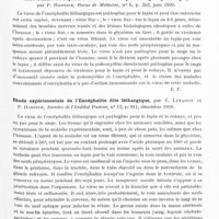 0943 - Page 917 - Analyses. Neurologie. Études spéciales. Épidémiologie. Sur l'étiologie et la prophylaxie de l'encéphalite léthargique ; sa déclaration obligatoire, par Arnold Netter, Bulletin de l'Académie de médecine... / Les recherches expérimentales sur l'encéphalite aiguë épidémique, par P. Harvier, Revue de médecine... / Etude expérimentale de l'encéphalite dite léthargique, par C. Levaditi et P. Harvier, Annales de l'Institut Pasteur...