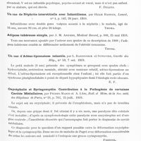 0947 - Page 921 - Analyses. Neurologie. Études spéciales. Dystrophies. Cas exceptionnel de nanisme chez des jumeaux, par Hyman Goldstein et Maurice Schneck, New-York med. Journ... / Sur l'infantilisme, par Hermilio Valdizon, Rev. de Psiquiatria y Disciplinas conexas... / Un cas de néphrite interstitielle avec infantilisme, par Hugh Barber, Lancet... / Adipose tubéreuse simple, par J. M. Anders, Medical Record... / Un cas d'adéno-lipomatose infantile, par L. Babonneix et Sevestre, Gazette des Hôp... / Oxycéphalie et syringomyélie. Contribution à la pathogénie de certaines cavités médullaires, par Pierre Marie et A. Léri, Bull. et mém. de la Soc. méd. des hôpitaux de Paris... / Hémihypertrophie de la face associée à une fissure du palais, par Maria Bertolani del Rio, Riv. sper. di Freniat...