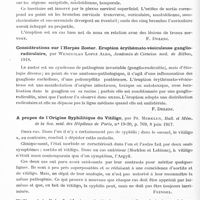0956 - Page 930 - Analyses. Neurologie. Études spéciales. Dystrophies. Herpes zoster du plexus cervical superficiel consécutif à une blessure par arme à feu traversant le cou, par Benedetto Agazzi, Riv. italiana di Neuropat., Psichiatr. ed Elettr... / Considérations sur l'herpès zoster. Eruption érythémato-vésiculeuse ganglio-radiculaire, par Wenceslao Lopez Albo, Academia de Ciencias med. de Bilbao... / A propos de l'origine syphilitique du vitiligo, par Pr. Merklen, Bull. et mém. de la Soc. méd. des hôpitaux de Paris... / Vitiligo généralisé coïncidant avec le développement d'une anémie pernicieuse et d'un syndrome d'hyperthyroïdisme, par L. Cantazaro Mannino, Giorn. ital. delle Malattie Veneree...