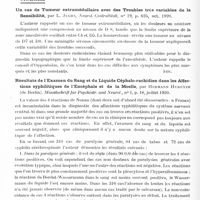 1060 - Page 1030 - Analyses. Neurologie. Études spéciales. Organes des sens. Nystagmus des pupilles, par Ludwig Dunitz et Paul Schlider, Neurolog. Centralblatt... / Moelle. Un cas de tumeur extramédullaire avec des troubles très variables de la sensibilité, par L. Juchs, Neurol. Centralblatt... / Résultats de l'examen du sang et du liquide céphalo-rachidien dans les affections syphilitiques de l'encéphale et de la moelle, par Hermann Hureyer... Monatschrift fur Psychiatr. und Neurol...