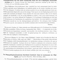 1073 - Page 1043 - Analyses. Neurologie. Études spéciales. Névroses. Le traitement de l'épilepsie par le tartrate borico-potassique, par Alfred Bénard... Thèse de Paris, 1920 / Considérations sur les soins consécutifs dans les cas d'épilepsie essentielle arrêtée, par L. Pierce Clark..., American Journal of the Med. Sc... / La phényléthylmalonylurée (Gardénal, luminal) dans le traitement de l'épilepsie, par Gaston Bergès, Thèse de Paris, 1921