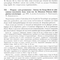 1182 - Page 1148 - Société de neurologie de Paris. Séance du 3 novembre 1921. Communications et présentations. VI. Tumeur intra-médullaire de nature complexe. Prolifération épithéliale et glieuse avec hématomyélite et cavité médullaires : syndrome de compression lente de la moelle, avec période de rémission, et syndrome sympathique à type irritatif, par Mme J. Dejerine et M. J. Jementié. (Travail du service des grands blessés nerveux de l'Hôpital Institution nationale des invalides et du laboratoire de la Fondation Dejerine à la Faculté de médecine) / VII. Plaques « cyto-graisseuses », lésions du corps strié et altérations vasculaires dans trois cas de démence précoce hébérophréno-catatonique, par MM. Laignel-Lavastine, C. Trétiakoff, N. Jorgoulesco