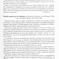 1203 - Page 1169 - Analyses. Neurologie. Études générales. Bibliographie. Nouvelles recherches sur le nystagmus et le sens de l'équilibre, par le Docteur G. Brabaut..., Bruxelles, A. Dewit, 1921 / Syphilis héréditaire de l'enfance, par Edmond Fournier..., Maloine, édit. Paris, 1921