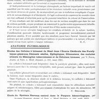 1206 - Page 1172 - Analyses. Neurologie. Études générales. Bibliographie. Sutures nerveuses tardives pour blessures de guerre. Vingt cas opérés en captivité en Allemagne. Résultats éloignés, par Lucien Féré. Thèse de Paris..., Vigot, édit., 1920 / Anatomie pathologique. Etudes des cellules à bâtonnet de Nissl dans l'écorce cérébrale des paralytiques généraux, déments séniles, épileptiques, gliomateux, des malades atteints de méningites tuberculeuses et de delirium tremens, par V. Noda, Journ. of Nerv. a. Ment. diseases... / Etude du système nerveux central dans le purpura hémorrhagique, par Alfred Gordon, Journ. of Nerv. a. Ment. Diseases... / Sémiologie. La migraine chez les enfants, par J. Comby, Arch. de méd. des enfants...