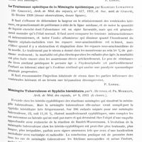 1209 - Page 1175 - Analyses. Neurologie. Études spéciales. Encéphale, crâne, méninges. Méningites méningococciques à forme ventriculaire, par Pierre Woringer..., Arch. de méd. des enfants... / Méningites méningococciques à forme ventriculaire, par Ksawery Lewkowicz..., Arch. de méd. des enfants... / Le traitement spécifique de la méningite épidémique, par Ksawery Lewkowicz..., Arch. de méd. des enfants... Soc. méd. de Cracovic... / Méningite tuberculeuse et syphilis héréditaire, par V. Hutinel et Pr. Merklen, Arch. de méd. des enfants... / Sympathique. Note relative à l'anatomie descriptive de la chaîne cervicale du sympathique. Sur l'existence du ganglion cervical moyen, par A.-C. Guillaume, Bull de la Soc. anatomique de Paris...